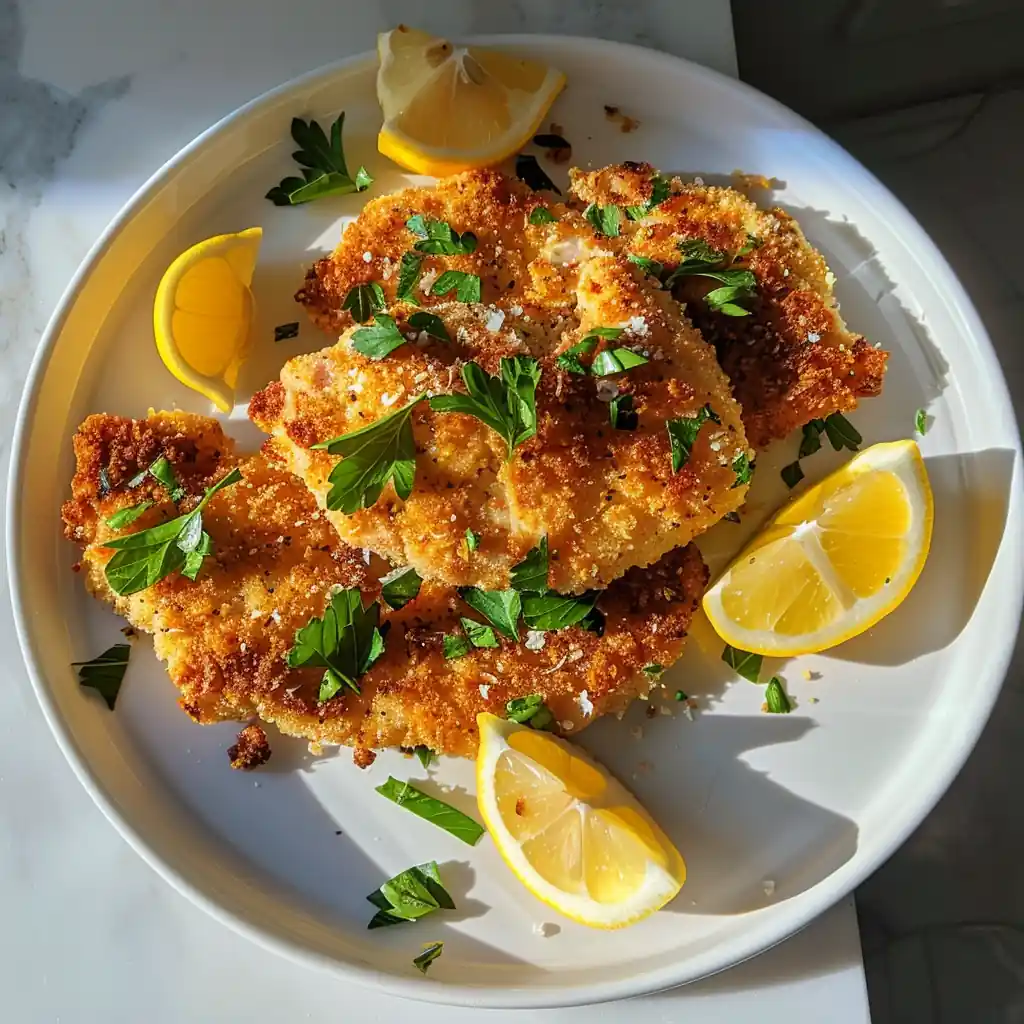 Chicken Milanese plated with lemon wedges