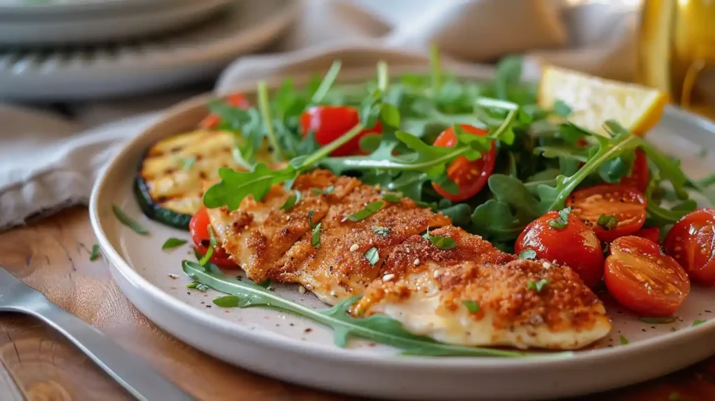 Chicken Milanese with arugula salad and vegetables