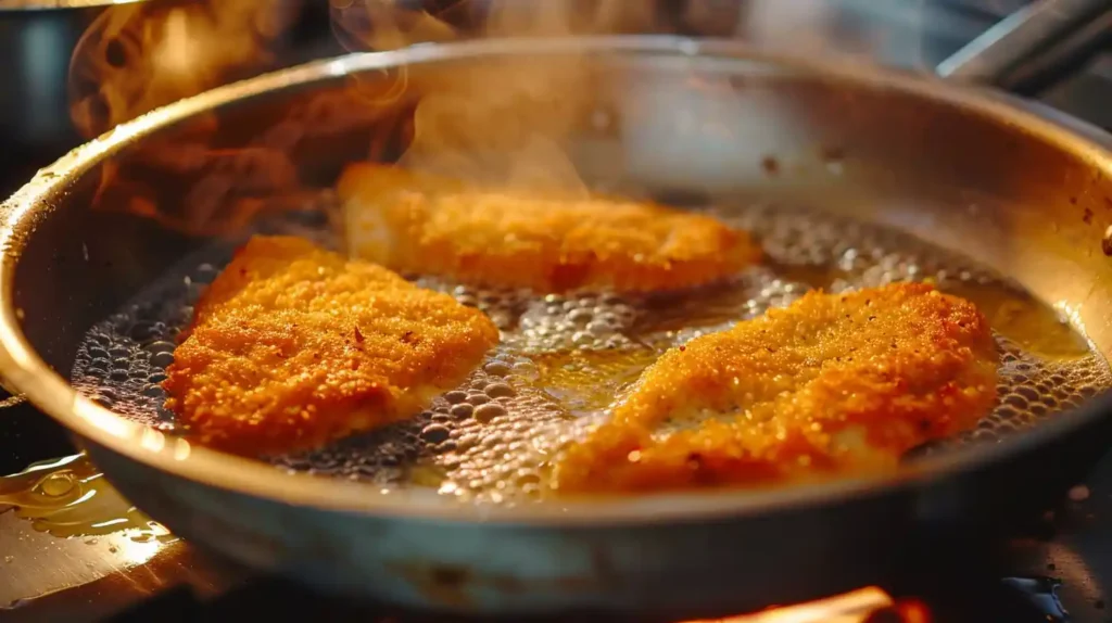Chicken Milanese frying golden in stainless steel pan