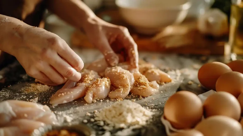 Breaded chicken cutlets preparation for Chicken Milanese