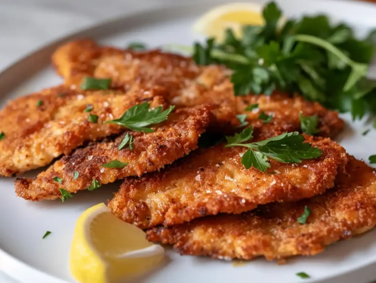 Chicken Milanese crispy cutlets with lemon in modern kitchen