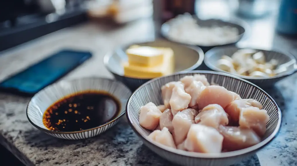 Ingredients for hibachi chicken recipe prepared in bowls