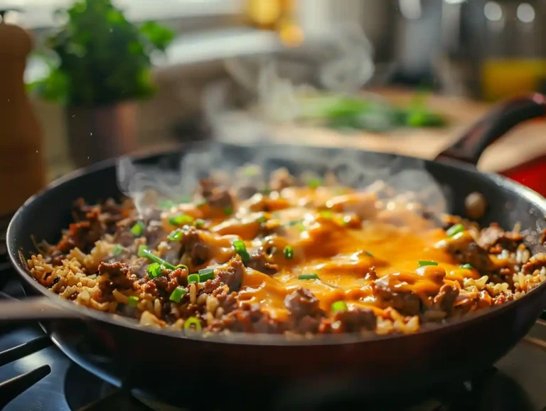 Ground Beef and Rice Skillet freshly cooked in modern kitchen