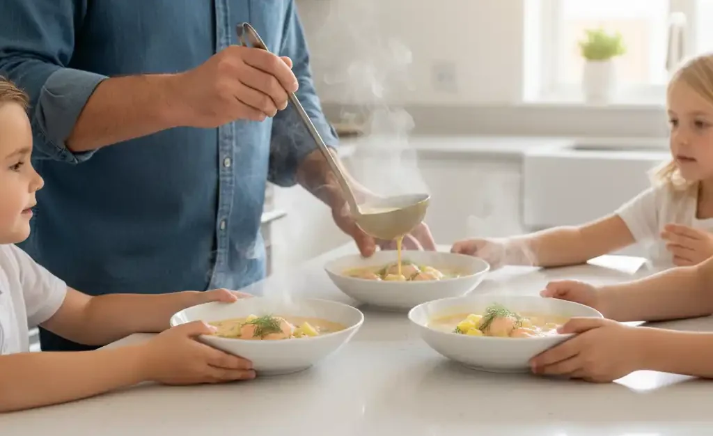 family serving homemade salmon soup at dinner table