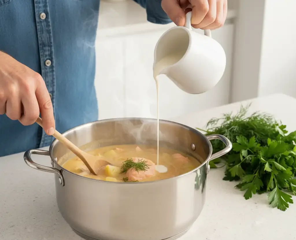 adding cream to homemade salmon soup
