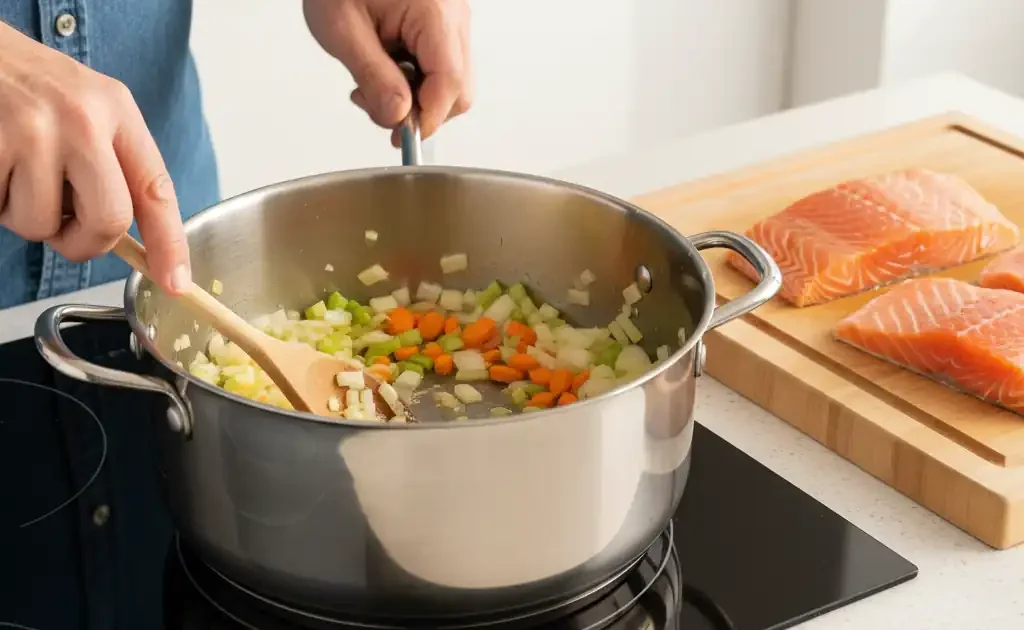man cooking salmon soup base with fresh vegetables