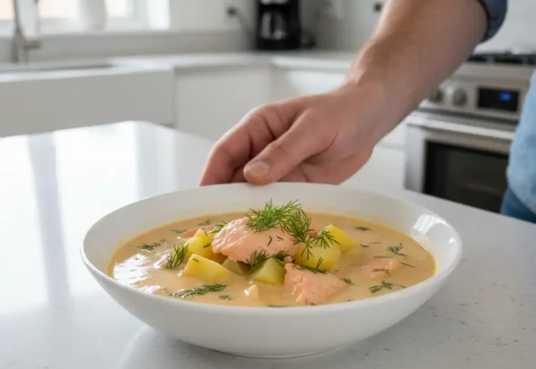 creamy salmon soup in a white bowl on kitchen counter