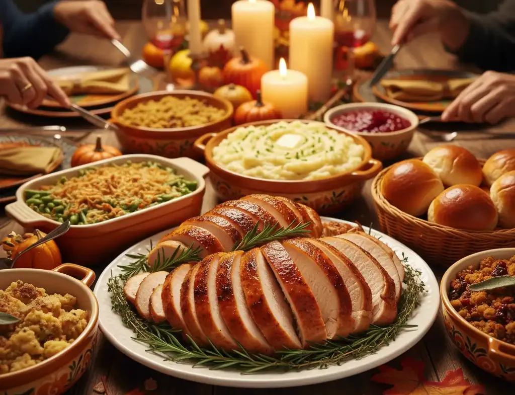 A beautiful Thanksgiving dinner table featuring a platter of perfectly juicy sliced turkey and various side dishes.