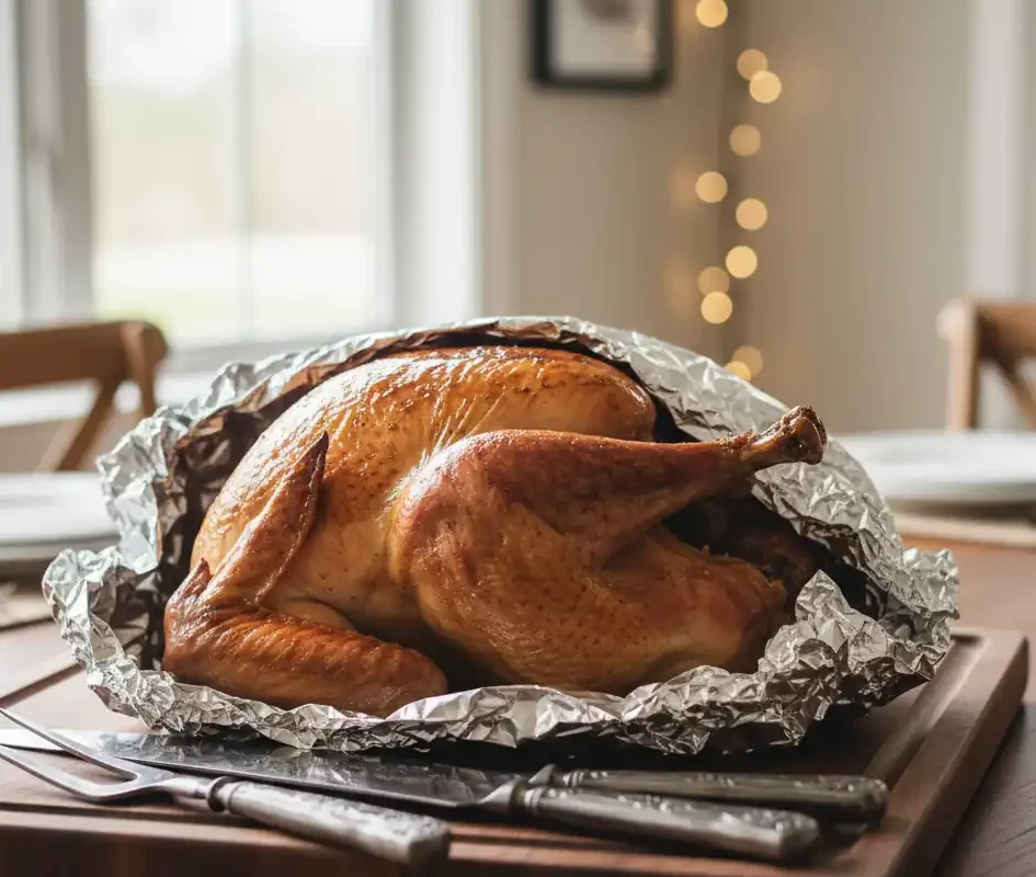 A whole roasted turkey tented with aluminum foil, resting on a wooden carving board to keep it juicy.
