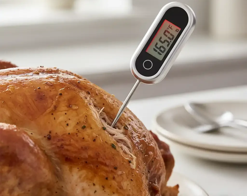 An instant-read digital meat thermometer inserted into a roasted turkey's thigh, reading 165°F to prevent dry turkey.
