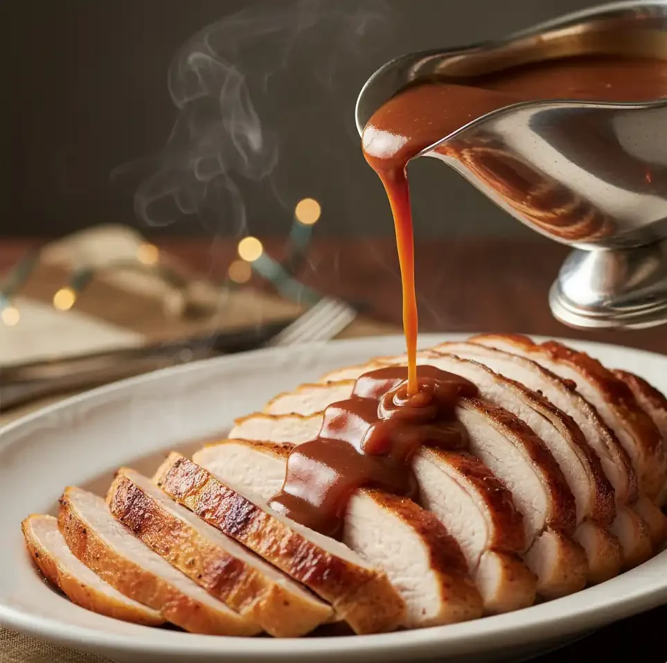 A close-up action shot of rich, dark gravy being poured over slices of turkey, covering the dry meat with a moisturizing sauce.