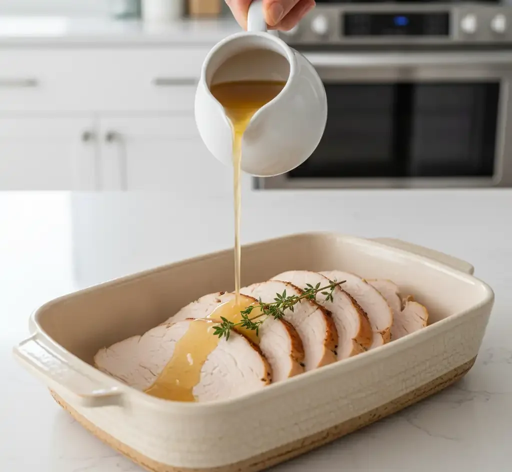 A hand pouring warm chicken broth from a pitcher over sliced turkey in a baking dish, a method to fix dry turkey meat.