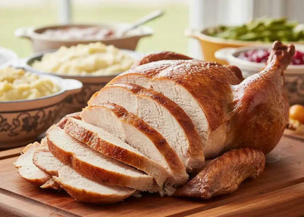 A beautifully carved Thanksgiving turkey on a wooden board, with the sliced breast meat looking slightly dry, representing the problem of how to fix dry turkey.