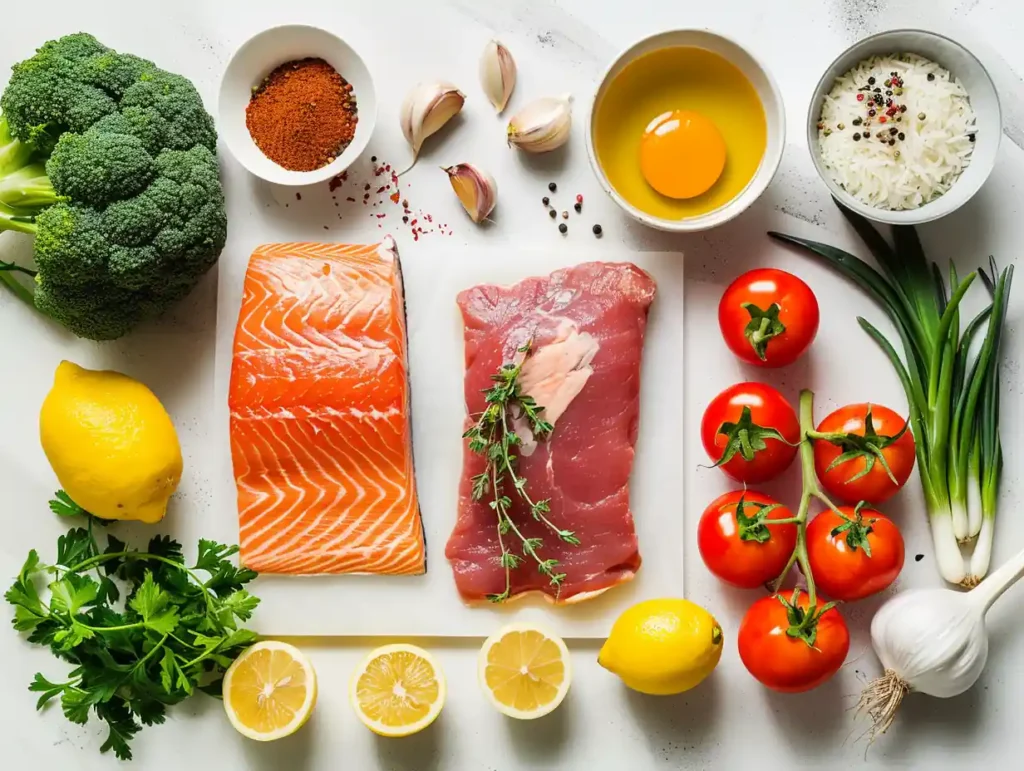 Fresh dairy free cooking ingredients including salmon, chicken, beef, eggs, herbs, and spices on a modern kitchen counter