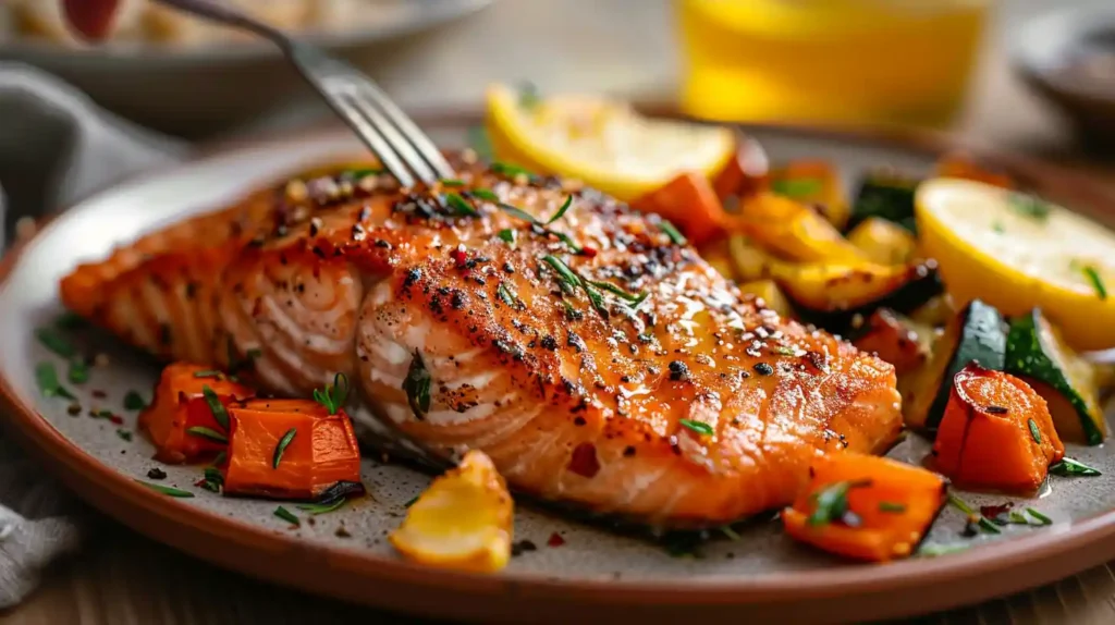 Mediterranean salmon served with roasted vegetables