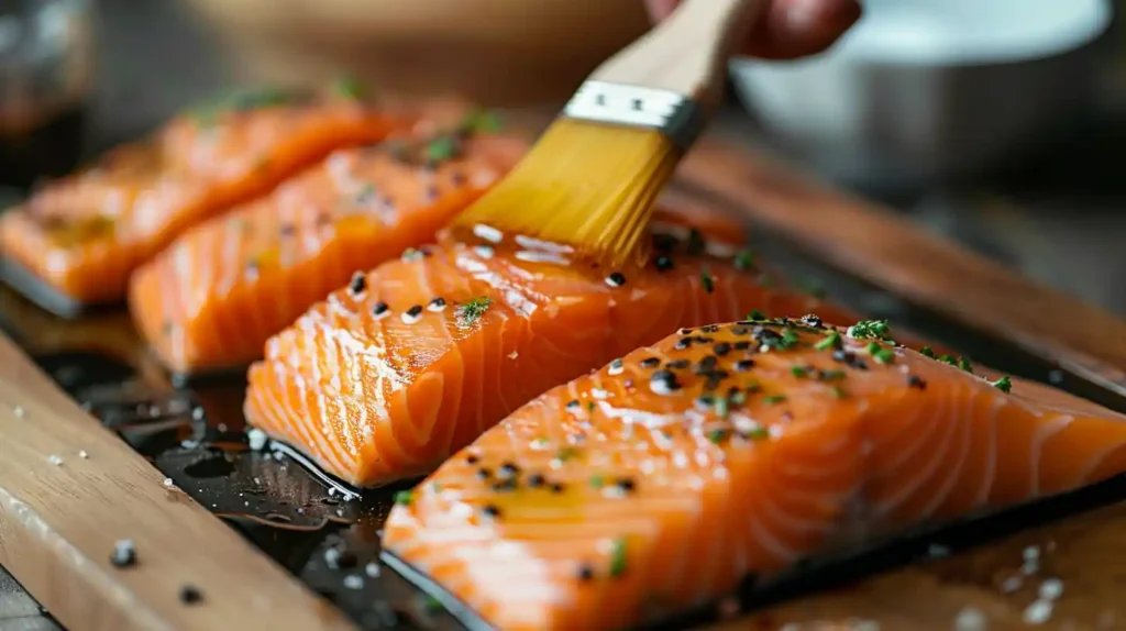 Brushing salmon fillets for Mediterranean salmon recipe
