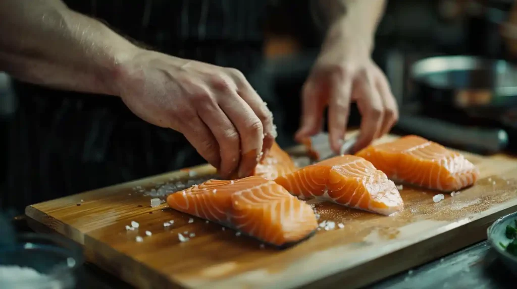 Hands salting fresh salmon fillet on a kitchen counter for sashimi preparation
