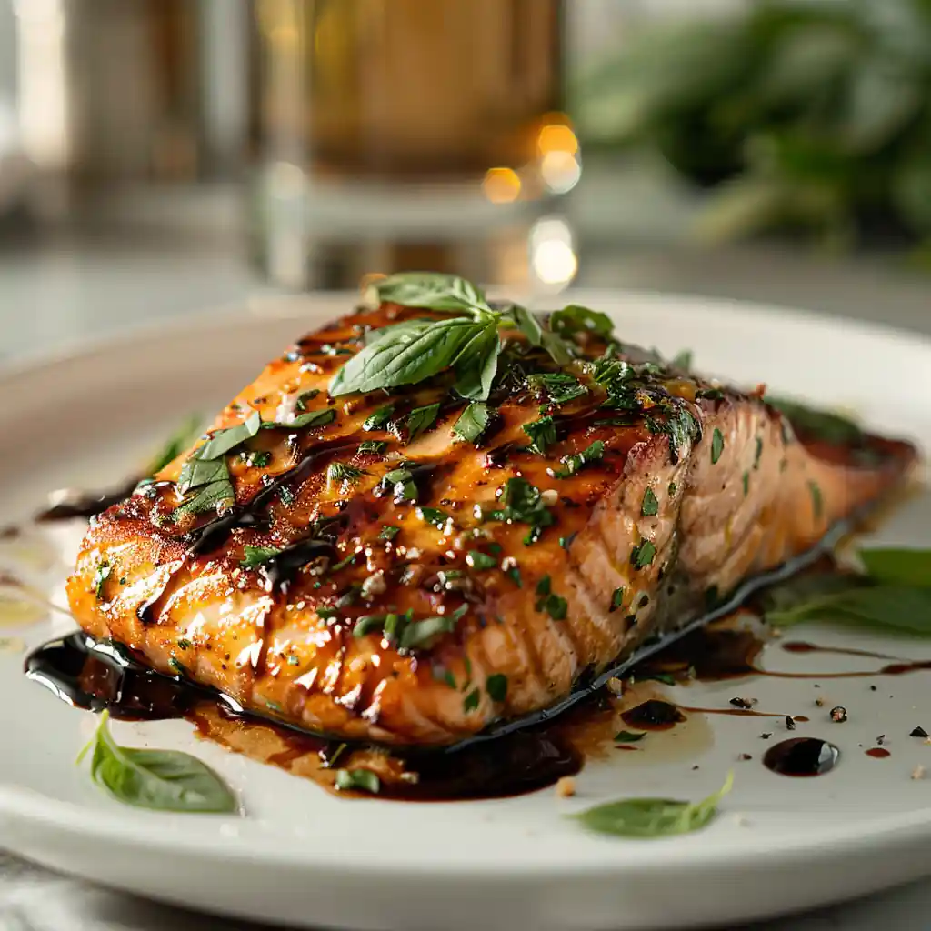 Mediterranean Salmon Recipe plated with balsamic glaze