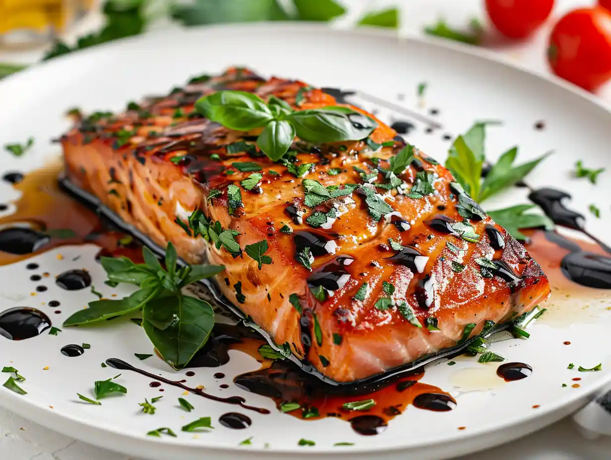 Mediterranean salmon recipe served with balsamic glaze