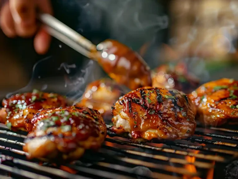 Juicy barbecue chicken thighs on grill brushed with BBQ sauce