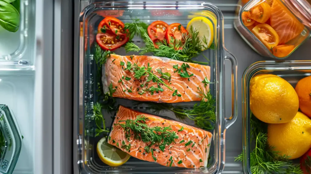 Storing leftover Mediterranean salmon in glass container