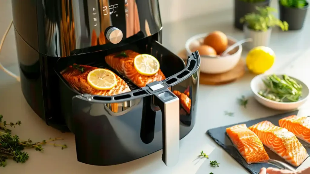 Perfectly cooked frozen salmon in air fryer with lemon slices