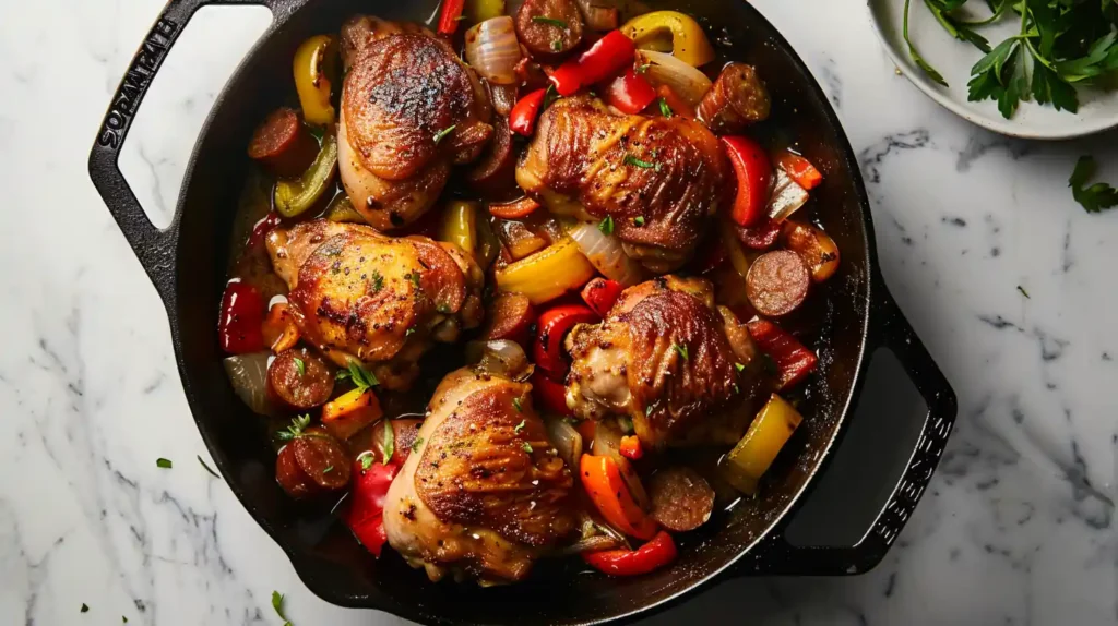 Oven-baked Chicken Scarpariello with sausage and peppers