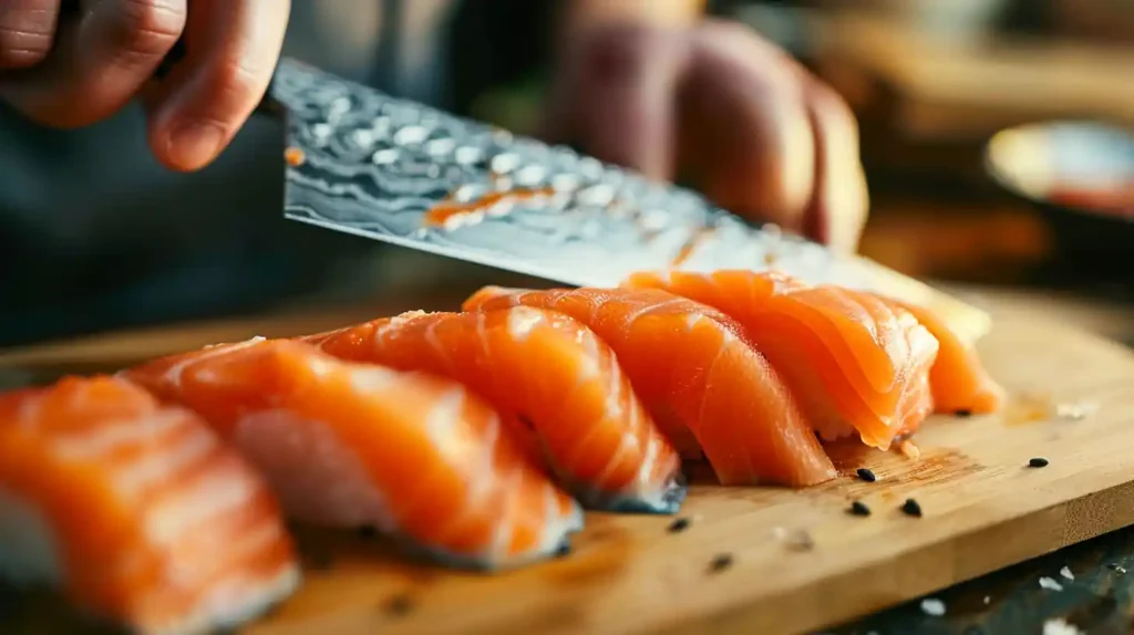 Home cook slicing salmon sashimi with precision on a cutting board