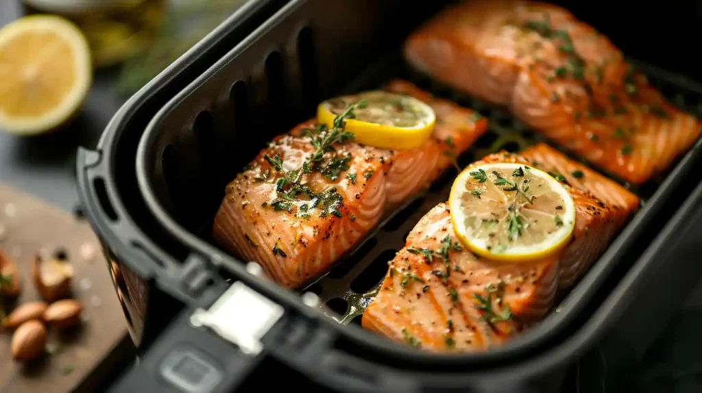 Brushing olive oil on frozen salmon fillets before air frying