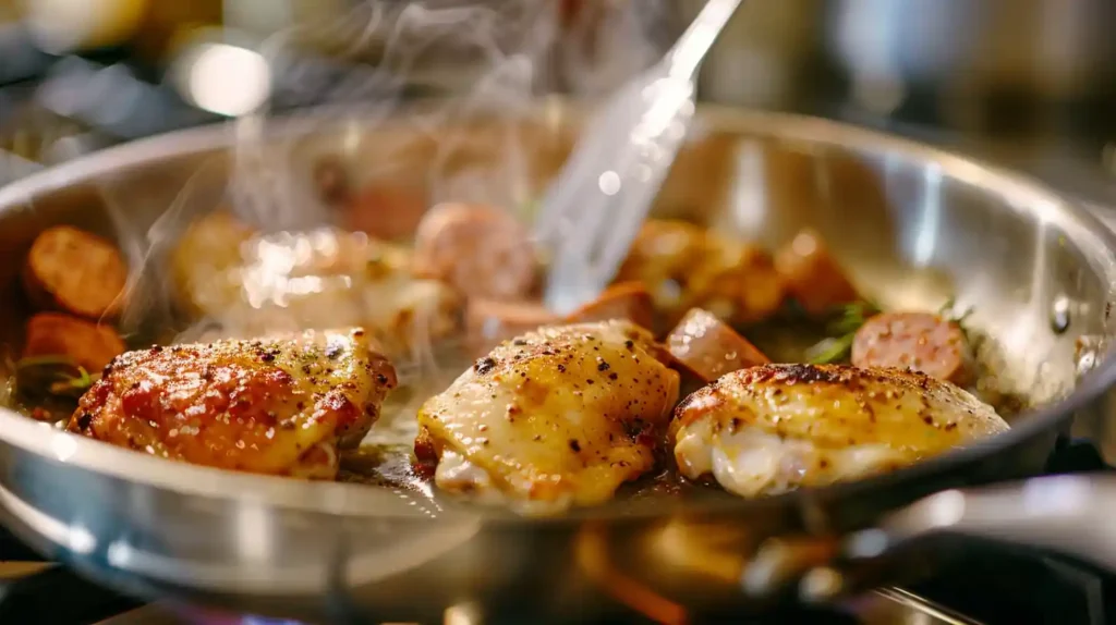 Browning chicken and sausage in skillet for Chicken Scarpariello