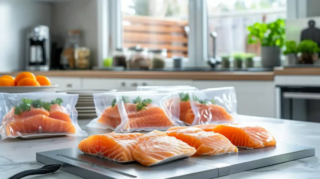 Homemade salmon sashimi plated beside safely stored portions