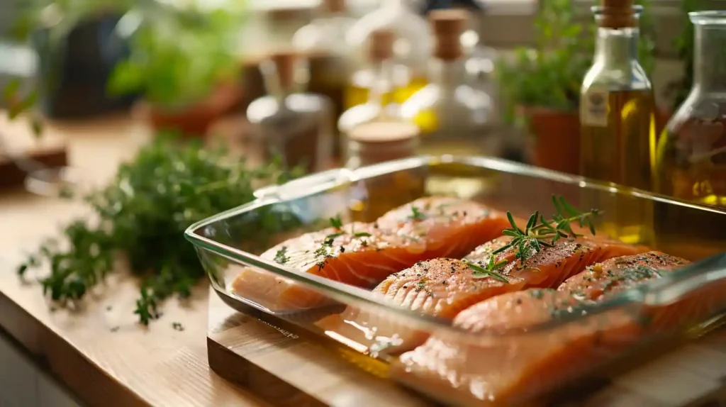 Marinated Mediterranean salmon resting before broiling