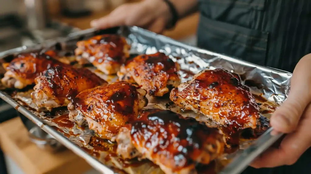 Oven-baked barbecue chicken thighs with caramelized BBQ glaze