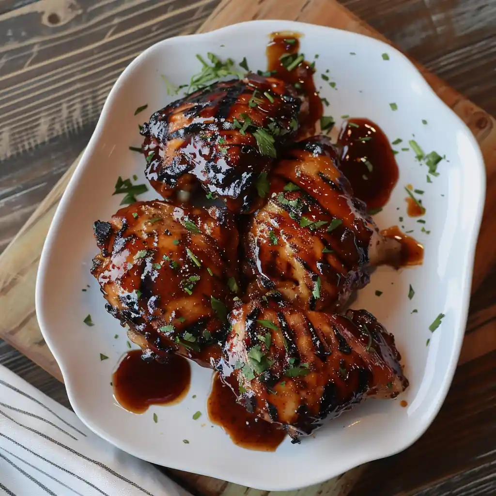 Barbecue Chicken Thighs plated and glazed with BBQ sauce