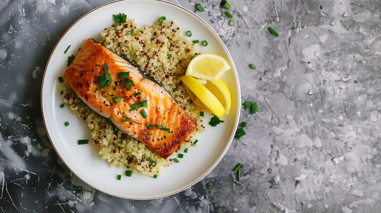 Plated air-fried salmon with lemon wedges