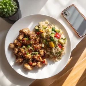 Hibachi chicken recipe served on plate with rice and vegetables