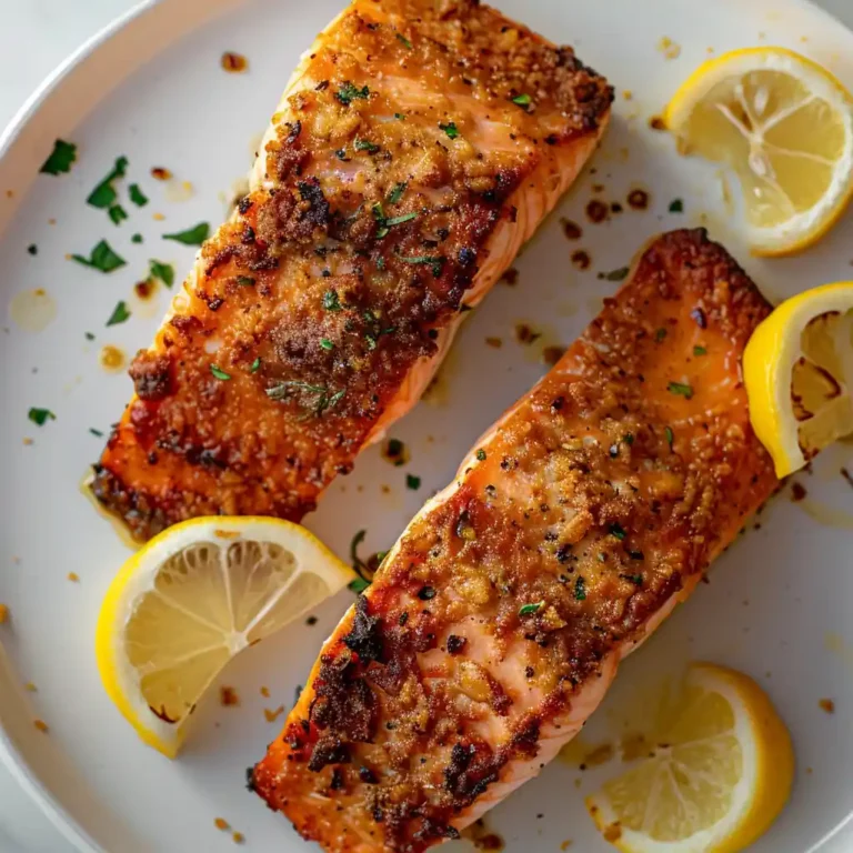 Frozen salmon in air fryer plated with lemon wedges