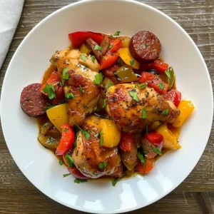Chicken Scarpariello plated for Italian-American chicken and sausage recipe