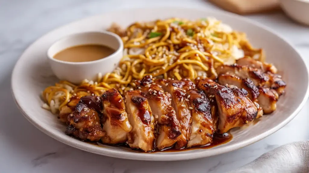 Hibachi chicken recipe with fried rice, noodles, and sauce