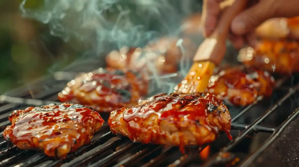 Grilling barbecue chicken thighs with BBQ sauce on gas grill