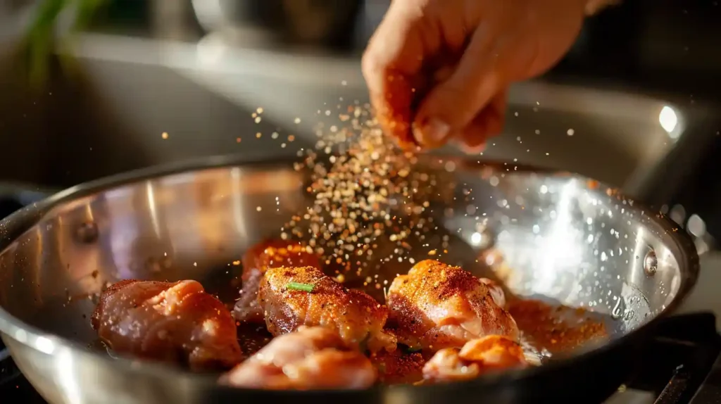 Seasoning barbecue chicken thighs with spices in a modern kitchen