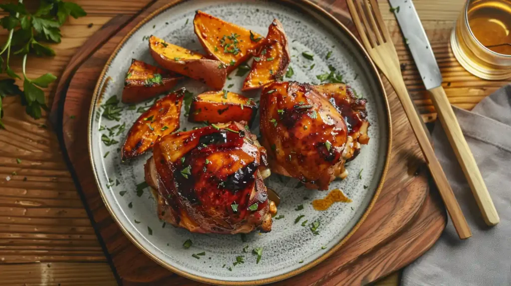 Barbecue chicken thighs served with sweet potato wedges