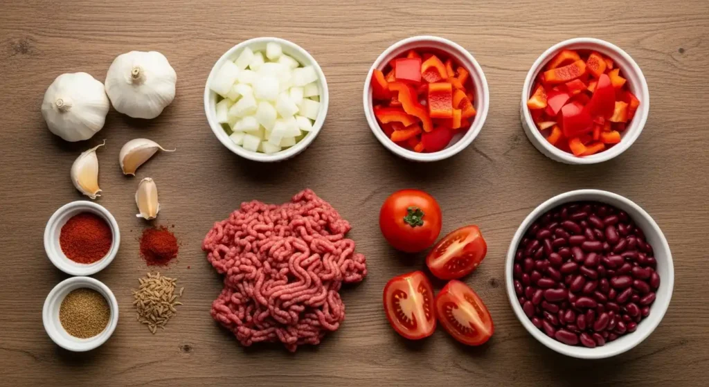 Best chili recipe ingredients flat lay