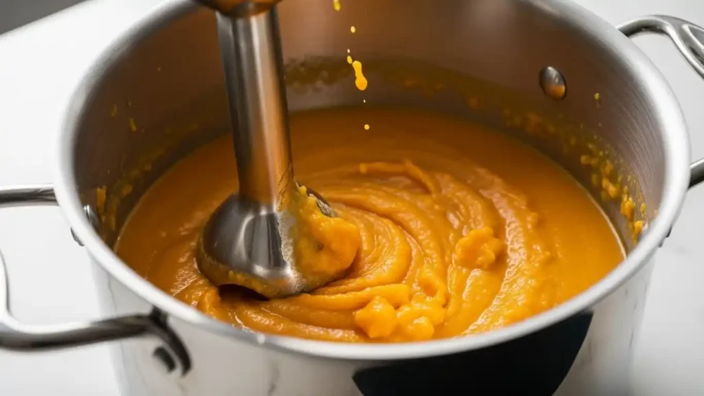 Blending butternut squash soup in pot