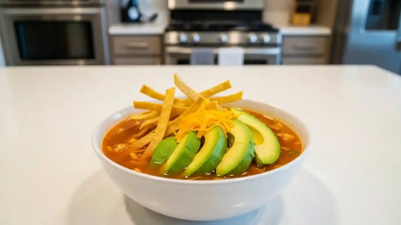Chicken tortilla soup served in a modern bowl with tortilla strips, avocado, cheese, and lime on a clean kitchen counter