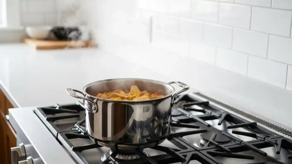 Chicken tortilla soup simmering in modern kitchen