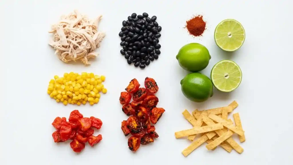 Chicken tortilla soup ingredients on white kitchen counter