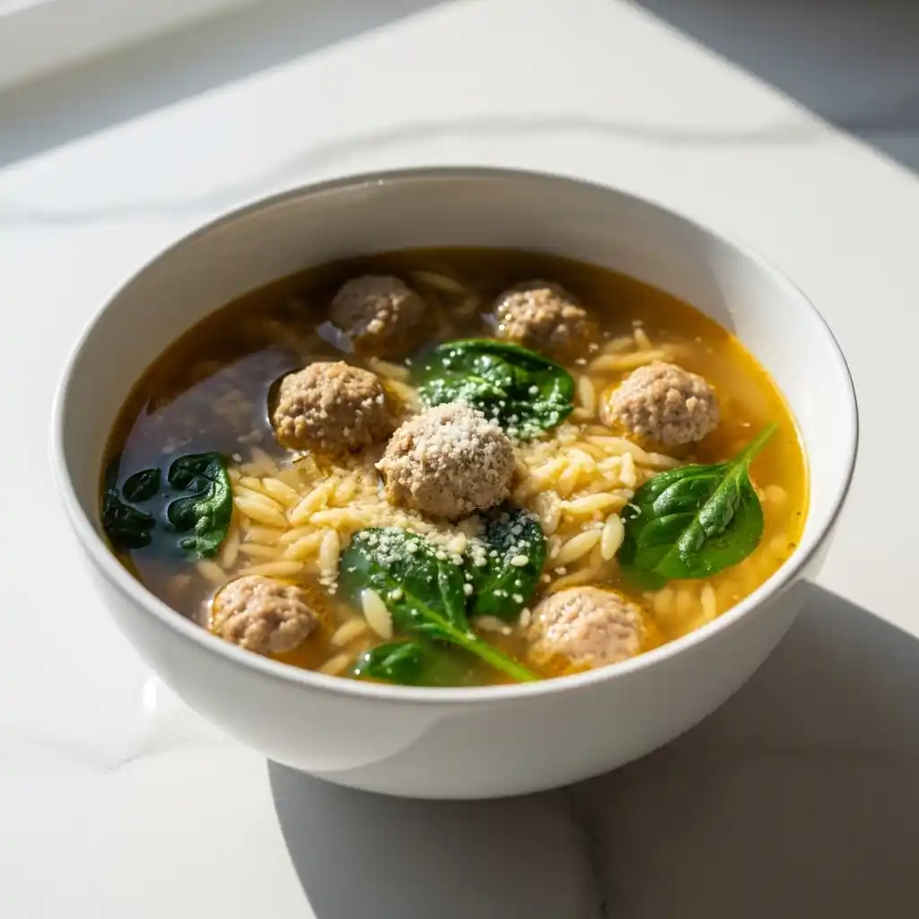 Italian Wedding Soup close-up in modern kitchen