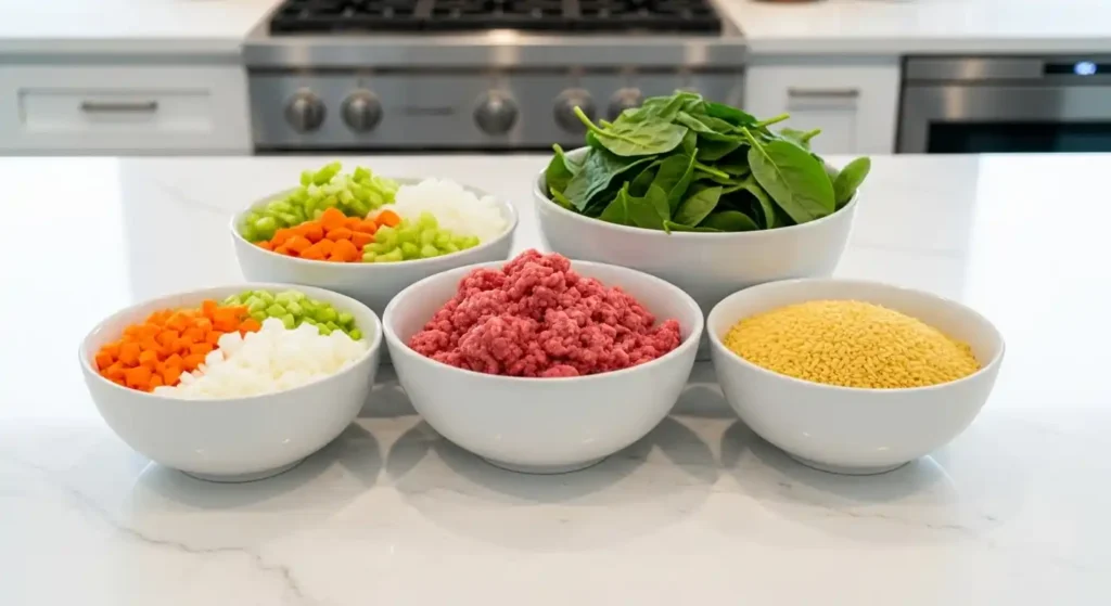 Italian Wedding Soup ingredients on modern kitchen counter Italian Wedding Soup ingredients on modern kitchen counter
