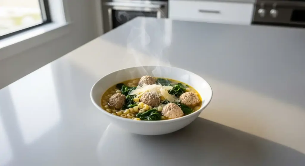 Italian Wedding Soup served in modern kitchen Italian Wedding Soup served in modern kitchen